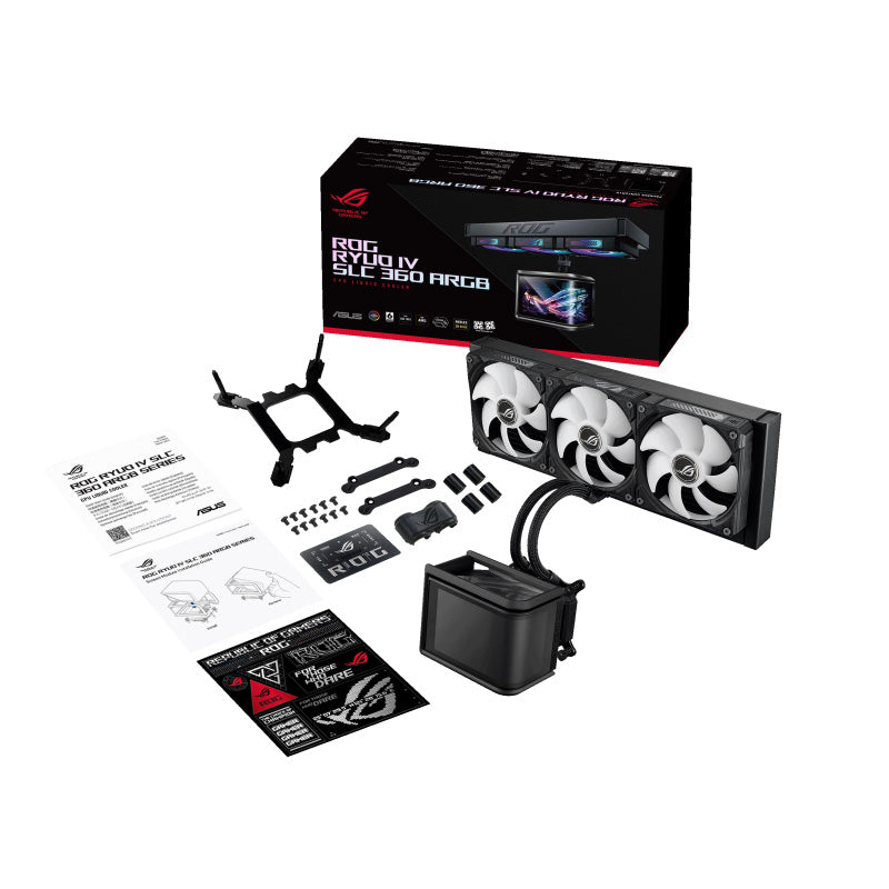 ASUS ROG Ryuo IV SLC 360 ARGB AIO Gaming CPU Liquid Cooler (6.67-inch Curved AMOLED display / Display Custom Content / Sliding LCD panel / 200mm tubing / Aura Fan Edge) - Compatible with AMD & Intel Socket