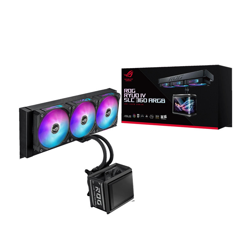 ASUS ROG Ryuo IV SLC 360 ARGB AIO Gaming CPU Liquid Cooler (6.67-inch Curved AMOLED display / Display Custom Content / Sliding LCD panel / 200mm tubing / Aura Fan Edge) - Compatible with AMD & Intel Socket