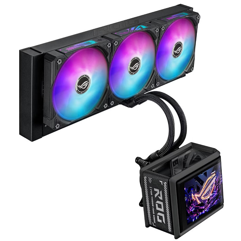 ASUS ROG Ryuo IV SLC 360 ARGB AIO Gaming CPU Liquid Cooler (6.67-inch Curved AMOLED display / Display Custom Content / Sliding LCD panel / 200mm tubing / Aura Fan Edge) - Compatible with AMD & Intel Socket