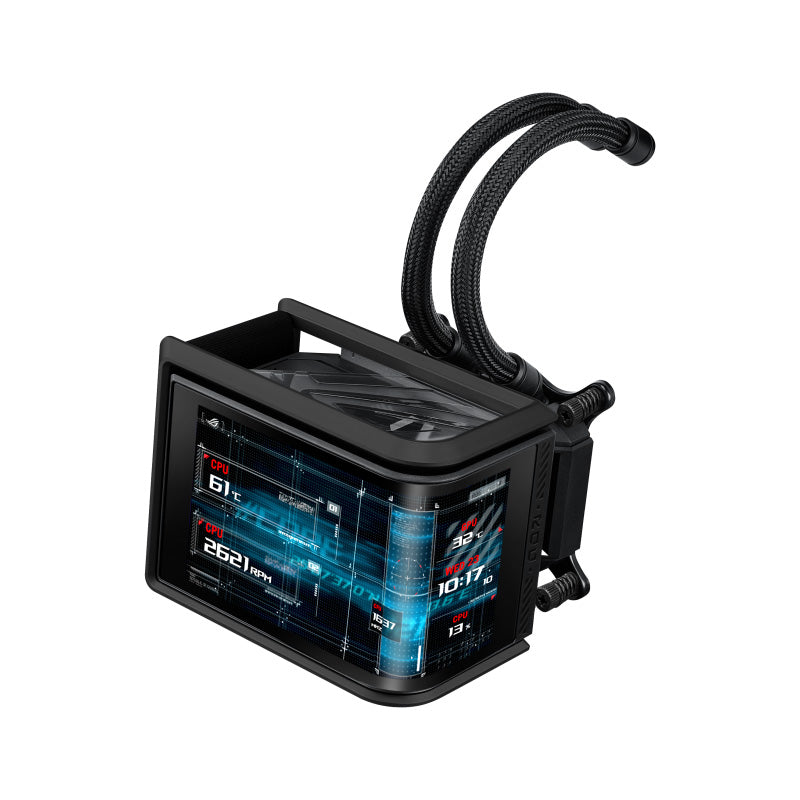 ASUS ROG Ryuo IV SLC 360 ARGB AIO Gaming CPU Liquid Cooler (6.67-inch Curved AMOLED display / Display Custom Content / Sliding LCD panel / 200mm tubing / Aura Fan Edge) - Compatible with AMD & Intel Socket