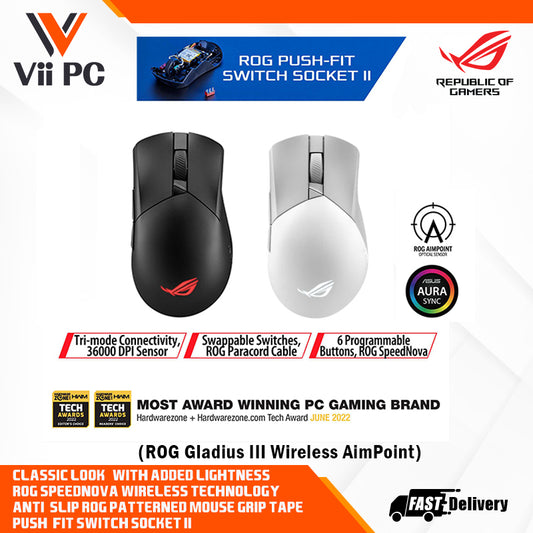 ASUS ROG Gladius III Wireless AimPoint Gaming Mouse- 79 g, ROG AimPoint Pro 36000 DPI, Swappable Switches, AURA Sync, Tri-mode Connectivity