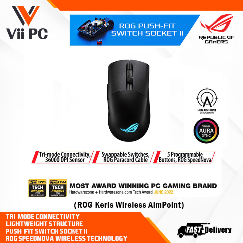 ASUS ROG Keris Wireless AimPoint Gaming Mouse - 75 g, ROG AimPoint Pro 36,000 DPI, Swappable Switches, Tri-mode Connectivity