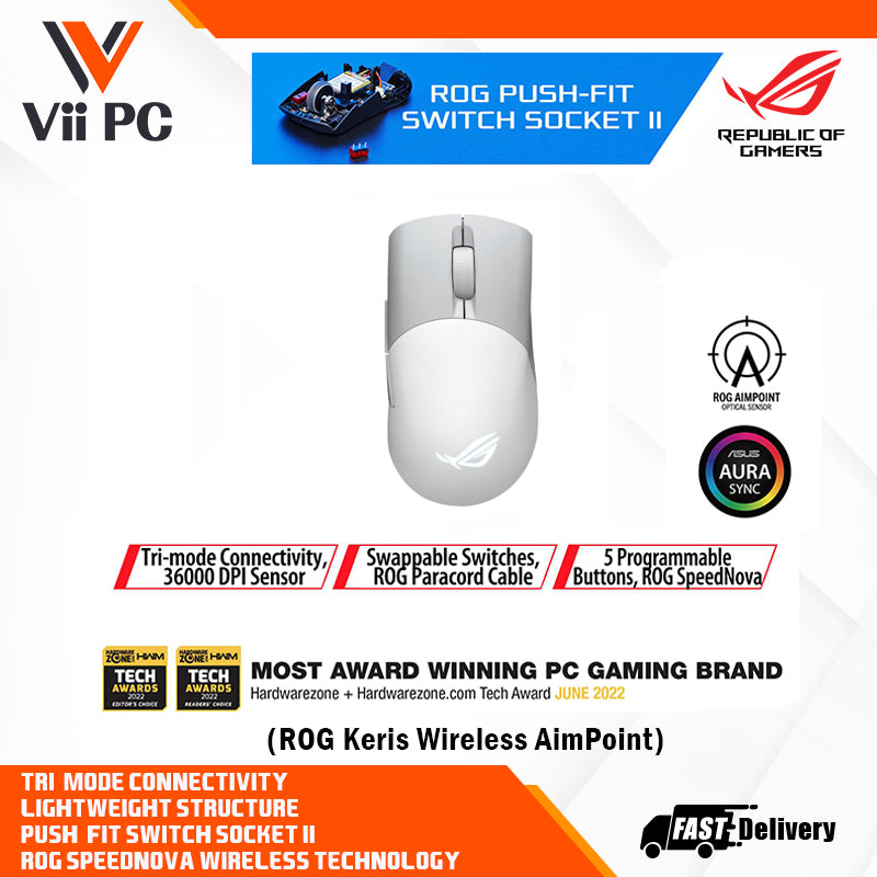 ASUS ROG Keris Wireless AimPoint Gaming Mouse - 75 g, ROG AimPoint Pro 36,000 DPI, Swappable Switches, Tri-mode Connectivity