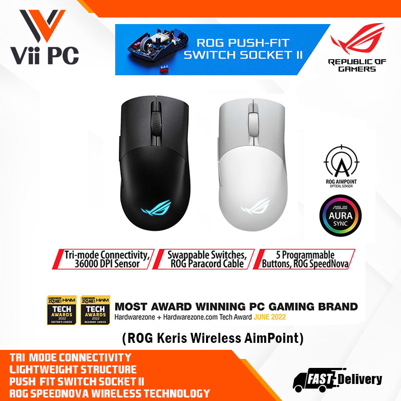 ASUS ROG Keris Wireless AimPoint Gaming Mouse - 75 g, ROG AimPoint Pro 36,000 DPI, Swappable Switches, Tri-mode Connectivity