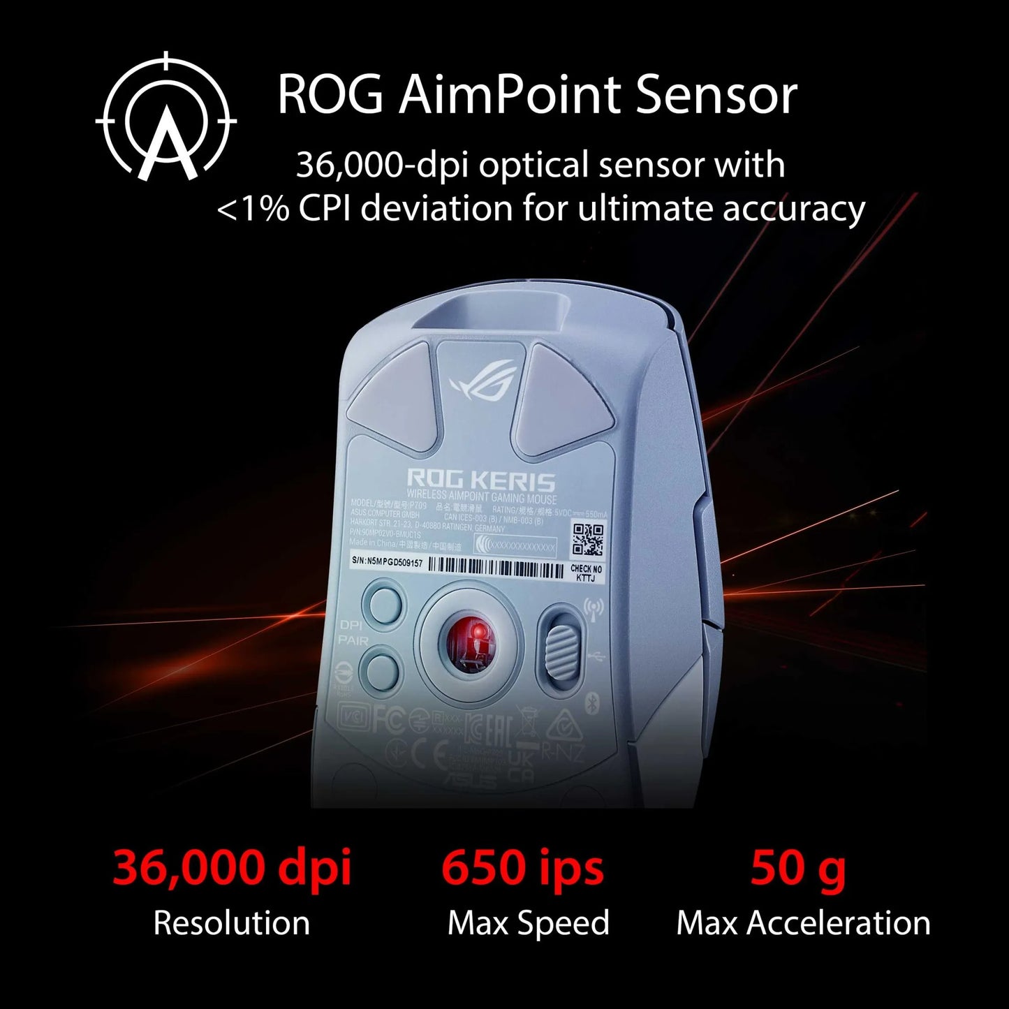 ASUS ROG Keris Wireless AimPoint Gaming Mouse - 75 g, ROG AimPoint Pro 36,000 DPI, Swappable Switches, Tri-mode Connectivity