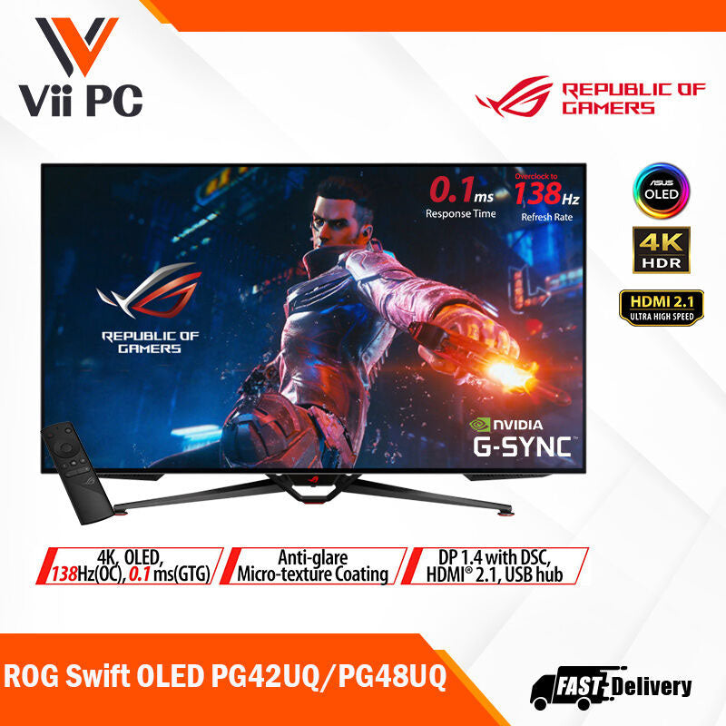 ASUS ROG Swift OLED (PG48UQ, 47.5" / PG42UQ, 41.5") Gaming Monitor - 4K, 138Hz(OC), 0.1 ms (GTG), G-SYNC® compatible, anti-glare micro-texture coating, custom heatsink, 98% DCI-P3, true 10-bit, HDMI® 2.1, DisplayPort™ 1.4