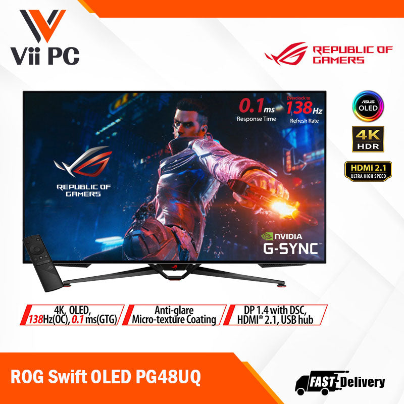 ASUS ROG Swift OLED (PG48UQ, 47.5" / PG42UQ, 41.5") Gaming Monitor - 4K, 138Hz(OC), 0.1 ms (GTG), G-SYNC® compatible, anti-glare micro-texture coating, custom heatsink, 98% DCI-P3, true 10-bit, HDMI® 2.1, DisplayPort™ 1.4
