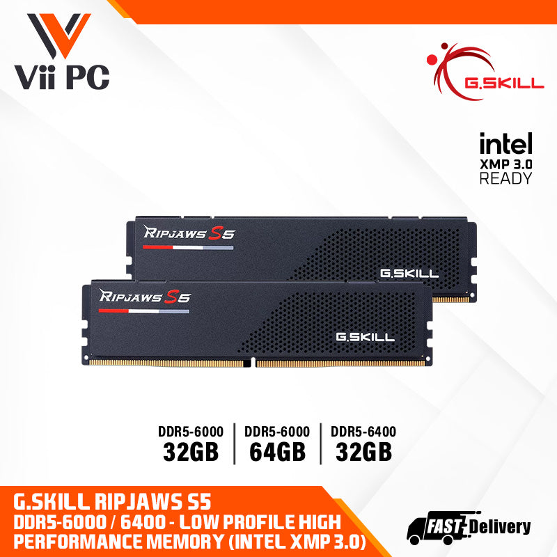 G.SKILL Ripjaws S5 (DDR5 Low Profile High Performance Memory): 32GB/64GB DDR5-6000/6400 MT/s - Intel XMP 3.0 Ready, Dual Channel Kit (BLACK)