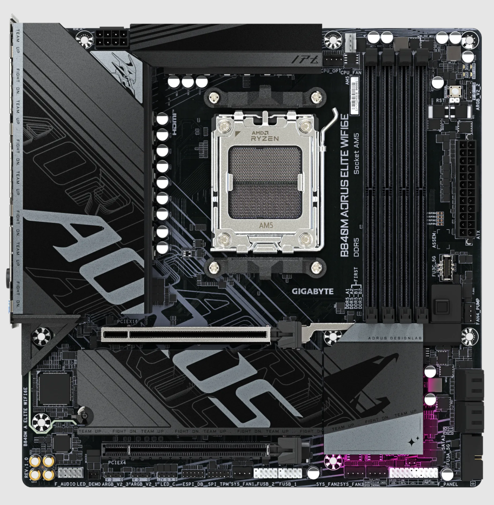GIGABYTE B840M AORUS ELITE WIFI6E, AMD Ryzen™ 9000 Series Processors, Micro ATX Gaming Motherboard