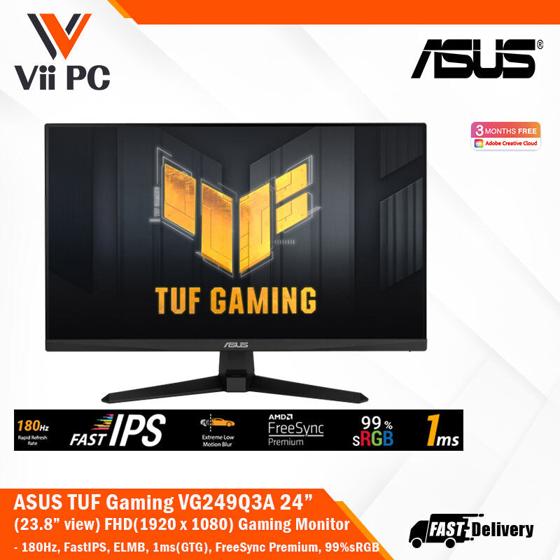 ASUS TUF Gaming VG249Q3A Gaming Monitor - 24" (23.8" viewable) FHD(1920x1080), 180Hz, Fast IPS, ELMB, 1ms (GTG), FreeSync Premium™, Variable Overdrive, 99% sRGB