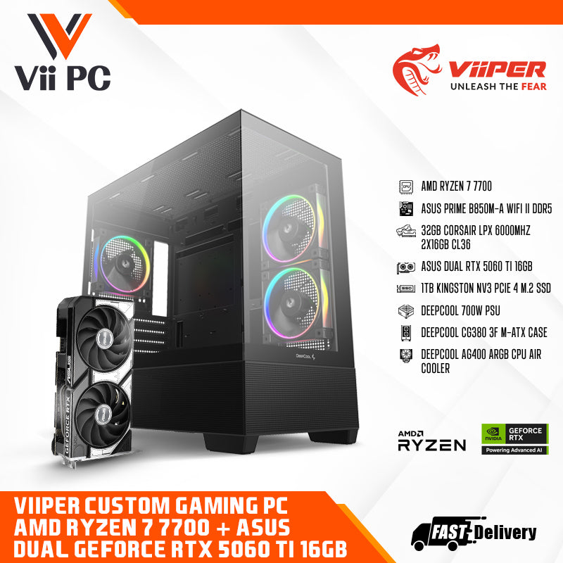 ViiPER Custom Gaming PC - AMD Ryzen 7 7700, ASUS Prime B850M-A WiFi II + ASUS DUAL GeForce RTX 5060 Ti 16GB (Powered By ASUS)