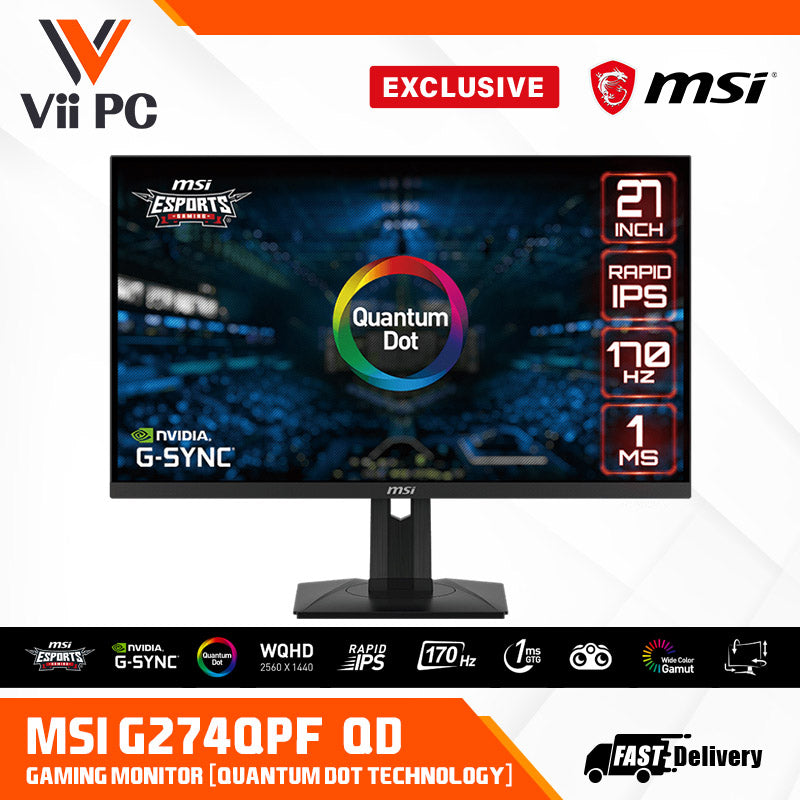 MSI G274QPF-QD Esports Gaming Monitor - 27" WQHD ( 2560x1440), Rapid IPS, 170Hz, 1ms GTG, FreeSync Premium, HDR400, HDMI, DisplayPort, Type-C Display, Adjustable Stand
