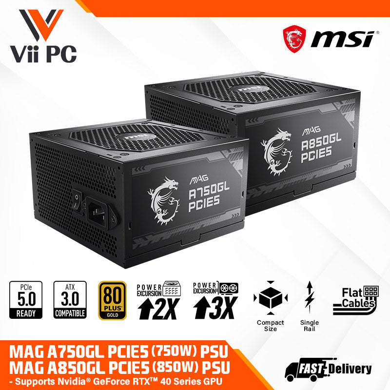 MSI MAG A750GL PCIE5 (750W) / A850GL PCIE5 (850W) 80 Plus® Gold Full Modular Power Supply - ATX 3.0 / PCIE 5.0 / Flat Cables / Supports NVIDIA® GeForce RTX™ 40 Series graphics cards (7 Year Warranty)