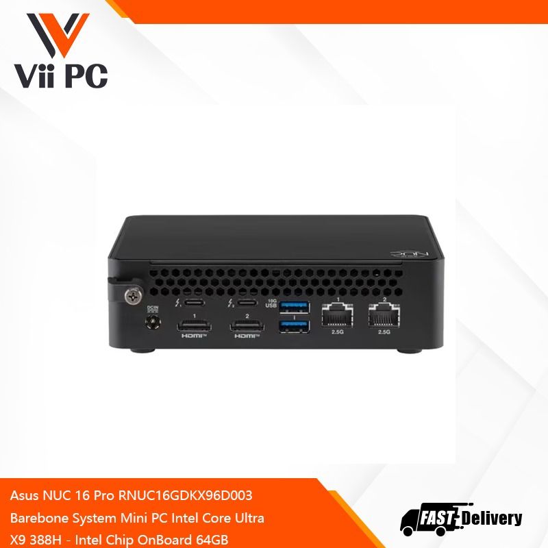 Asus NUC 16 Pro RNUC16GDKX96D003 Barebone System - Mini PC - Intel Core Ultra X9 388H - Intel Chip - 96 GB LPDDR5X Maximum RAM Support - 64 GB On-board Memory - NVMe Controller - Intel Arc B390 Graphics