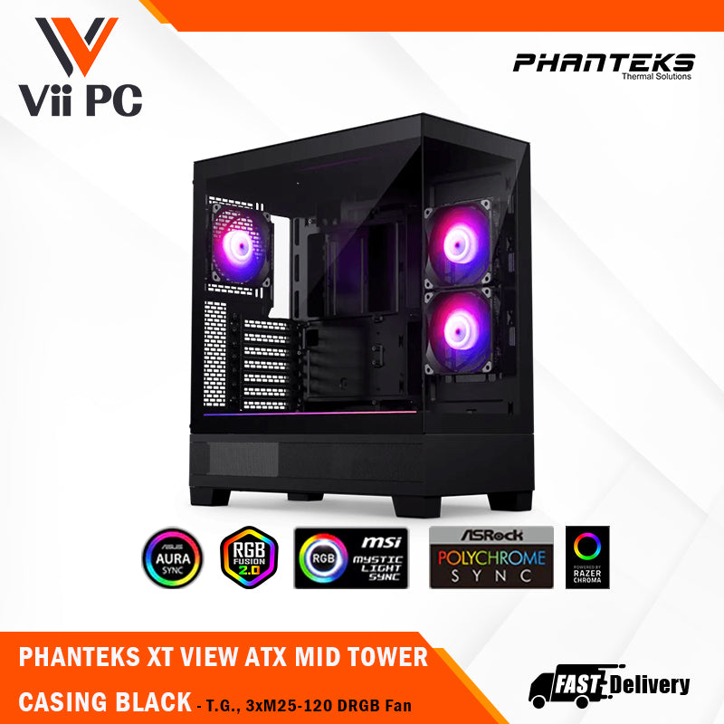 PHANTEKS XT SERIES XT VIEW ATX MID TOWER CASING - Tempered Glass, 3xM25-120 DRGB Fan, BLACK/WHITE