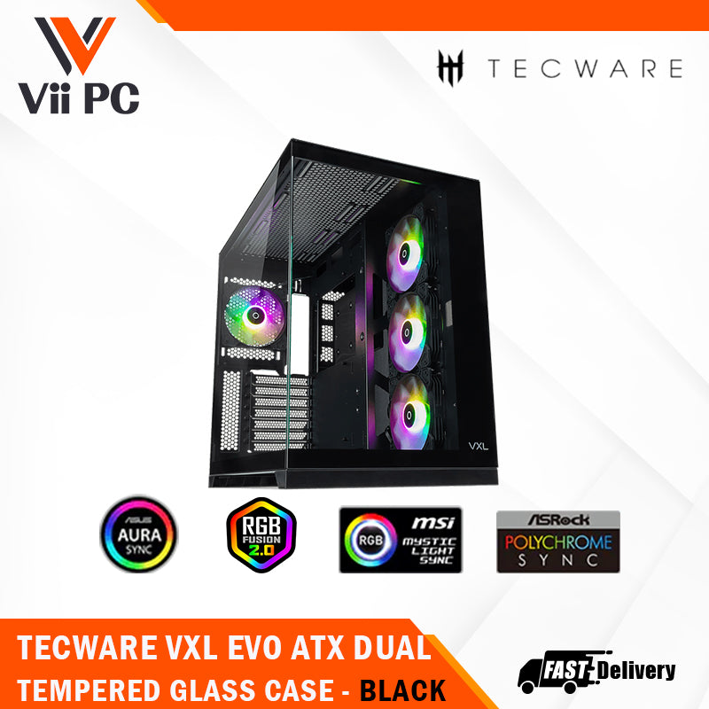 Tecware VXL EVO ATX DUAL TEMPERED GLASS CASE - ARGB , Dual Chamber Layout , Panel Locking Mechanism , Includes 4x RGB Fans , 1 Yrs Wty , BLACK / WHITE