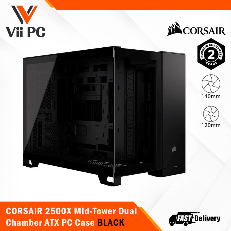 CORSAIR 2500X Mid-Tower Dual Chamber ATX PC Case - BLACK OR WHITE, Tempered Glass, Compatible with reverse connector mATX & mITX motherboards, 2Yrs Wty