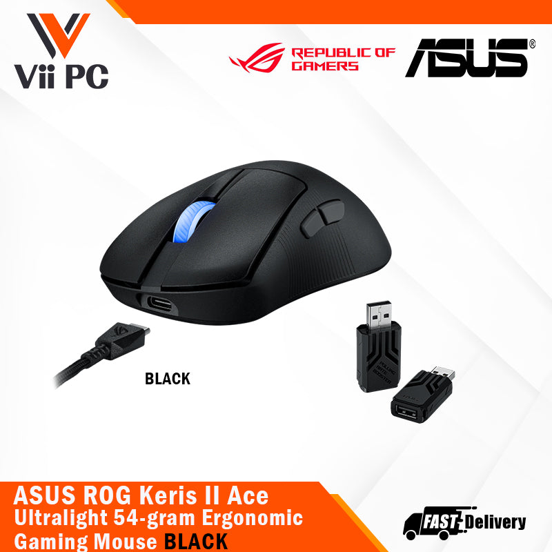 ASUS ROG Keris II Ace Wireless Gaming Mouse - 54 g, ROG AimPoint Pro 42000 DPI, AURA Sync, Tri-mode Connectivity