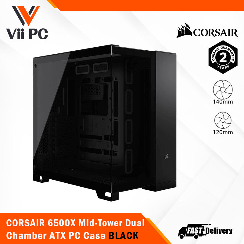 CORSAIR 6500X Mid-Tower Dual Chamber ATX PC Case - BLACK/WHITE, Tempered Glass, 8 horizontal + 3 vertical slots, Compatible with reverse connector motherboards, 2Yrs Wty