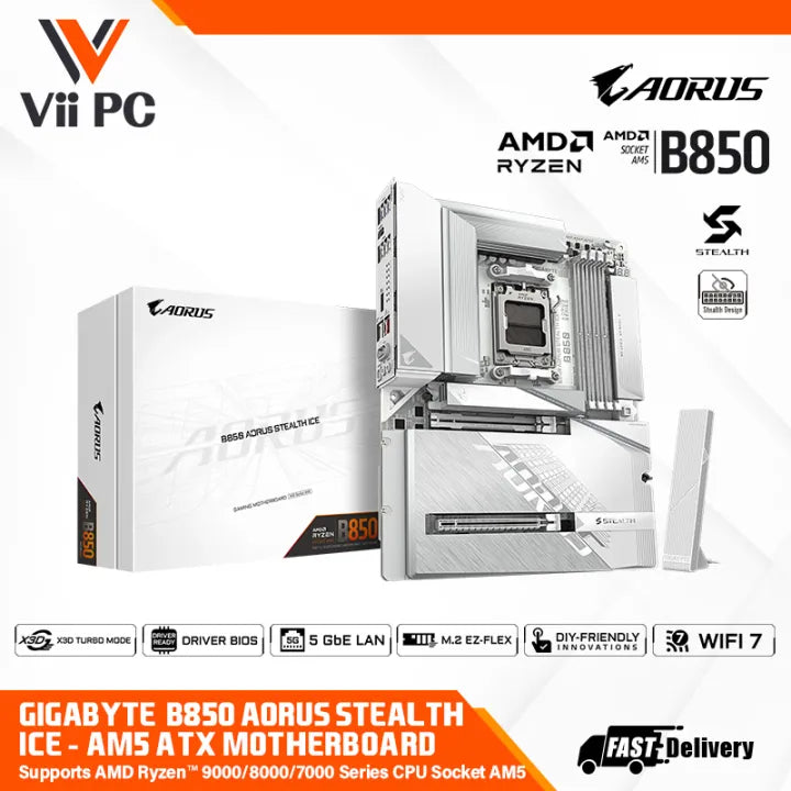 GIGABYTE B850 AORUS STEALTH ICE AM5 DDR5 5GbE LAN & Wi-Fi 7 ATX GAMING MOTHERBOARD