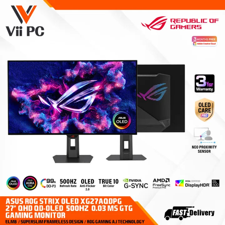 ASUS ROG Strix OLED XG27AQDPG 27-inch (26.5-inch viewable) QHD QD-OLED panel, 500Hz, 0.03ms (GTG) G-SYNC® compatible GAMING MONITOR