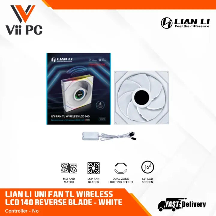 LIAN LI UNI FAN TL140 LCD WIRELESS SINGLE PACK BLACK OR WHITE ARGB REGULAR OR REVERSE CASE FAN
