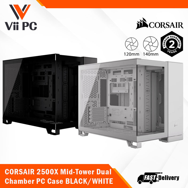 CORSAIR 2500X Mid-Tower Dual Chamber ATX PC Case - BLACK OR WHITE, Tempered Glass, Compatible with reverse connector mATX & mITX motherboards, 2Yrs Wty