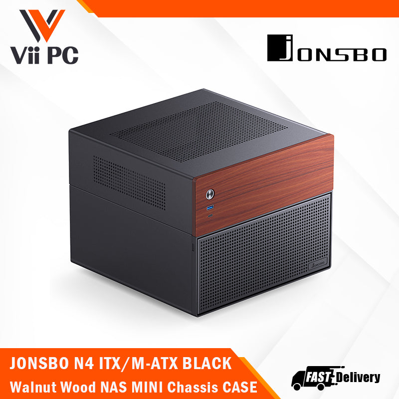 JONSBO N4 ITX/M-ATX BLACK Walnut Wood NAS MINI Chassis Case - MATX MB support, 2.5"SSD*2/3.5"HDD*6(4 hot-swap,2 non hot-swap), 8-Drive Bay, USB 3.2 Gen2 Type-C, 1x120mm Fan built-in
