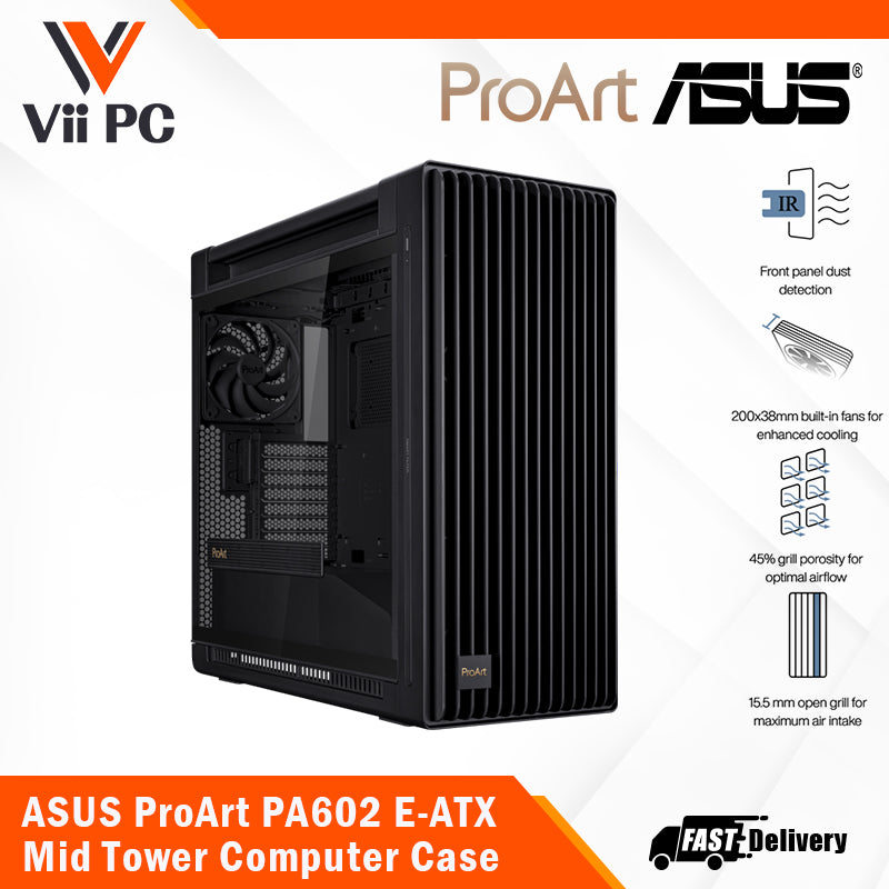 ASUS ProArt PA602 E-ATX Mid Tower - 420mm radiator support, one 140mm and two 200mm pre-installed system fans