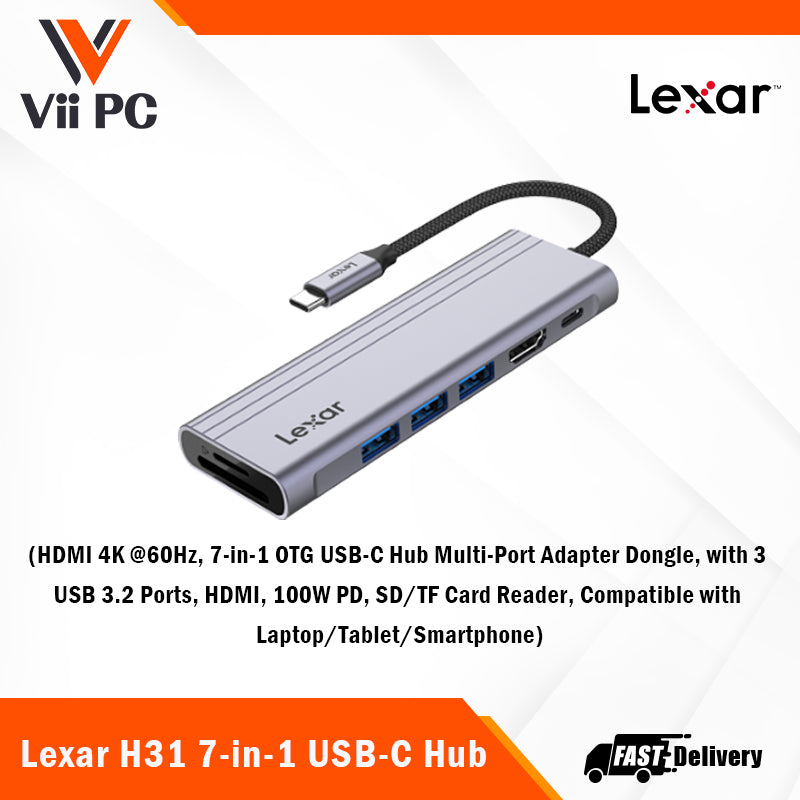 Lexar H31 7-in-1 USB-C Hub - 4K@60Hz HDMI 2.0, 100W USB-C PD charging port, 3 USB-A ports and SD/microSD™ card slots (Compatible with Laptop/Tablet/Smartphone)