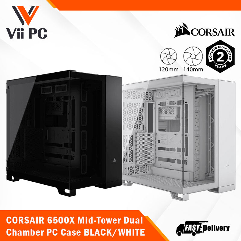 CORSAIR 6500X Mid-Tower Dual Chamber ATX PC Case - BLACK/WHITE, Tempered Glass, 8 horizontal + 3 vertical slots, Compatible with reverse connector motherboards, 2Yrs Wty