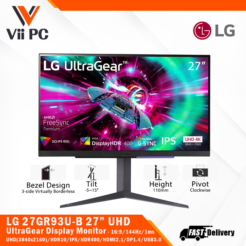 LG 27GR93U-B 27" UltraGear™ UHD(3840 x 2160)/16:9/IPS/144Hz/1ms/HDR400/HDR10/GSYNC/FreeSync Premium/DCI-P3 95%/HDMI2.1/DP1.4/USB3.0/4pole(Sound+Mic)/Adjustable Stand Black Gaming Monitor