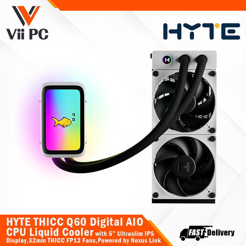 HYTE THICC Q60 Digital All-In-One CPU Liquid Cooler with 5” Ultraslim IPS Display, 32mm THICC FP12 Fans - Powered by Nexus Link
