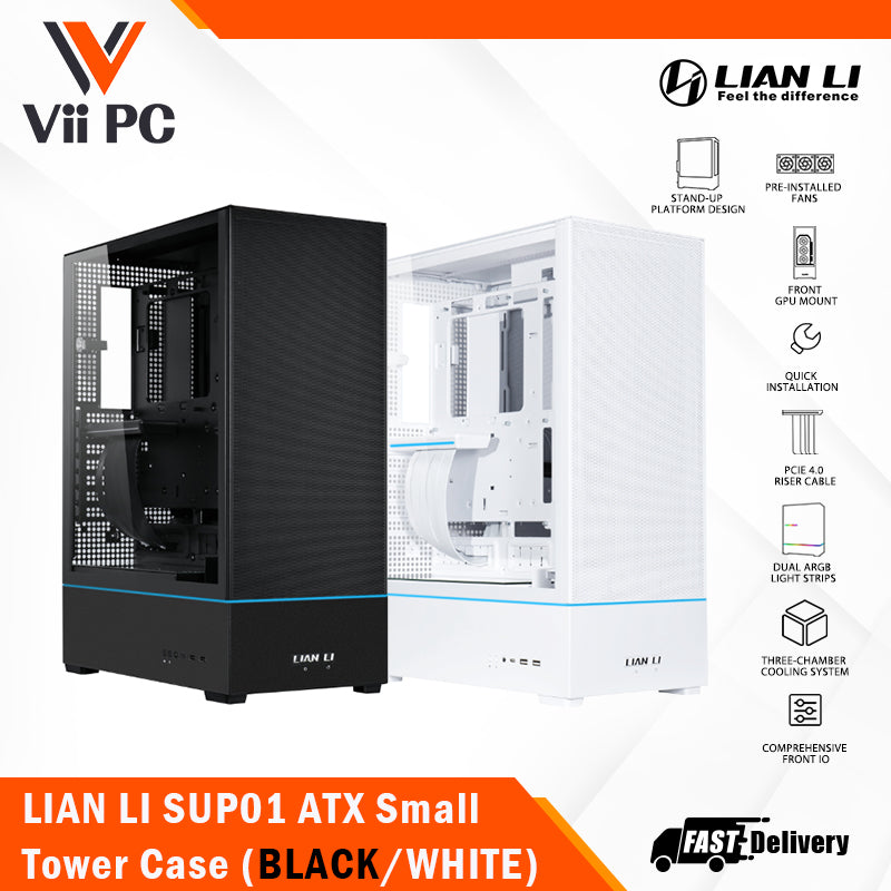 LIAN LI SUP01 ATX Small Tower Case (Black/White) - 45-liter, 510mm PCIe 4.0 riser cable with an RGB lighting cover included