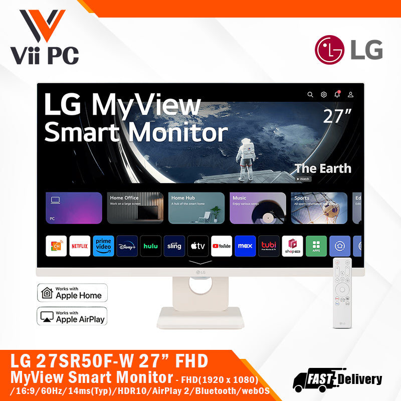 LG 27SR50F-W 27" FHD(1920x1080)/IPS/16:9/webOS/HDR10/5Wx2 Speakers/AirPlay 2/Screen Share/Bluetooth/ThinQ App/Remote Control WHITE MyView Smart Monitor