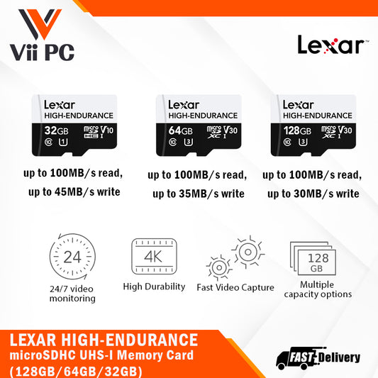 Lexar High-Endurance microSDHC/microSDXC UHS-I (U1/U3) Memory Card (32GB / 64GB / 128GB) - Up to 100MB/s read, 1080P FHD, 4K(Fast Video Capture), 24/7 video monitoring, High Durability