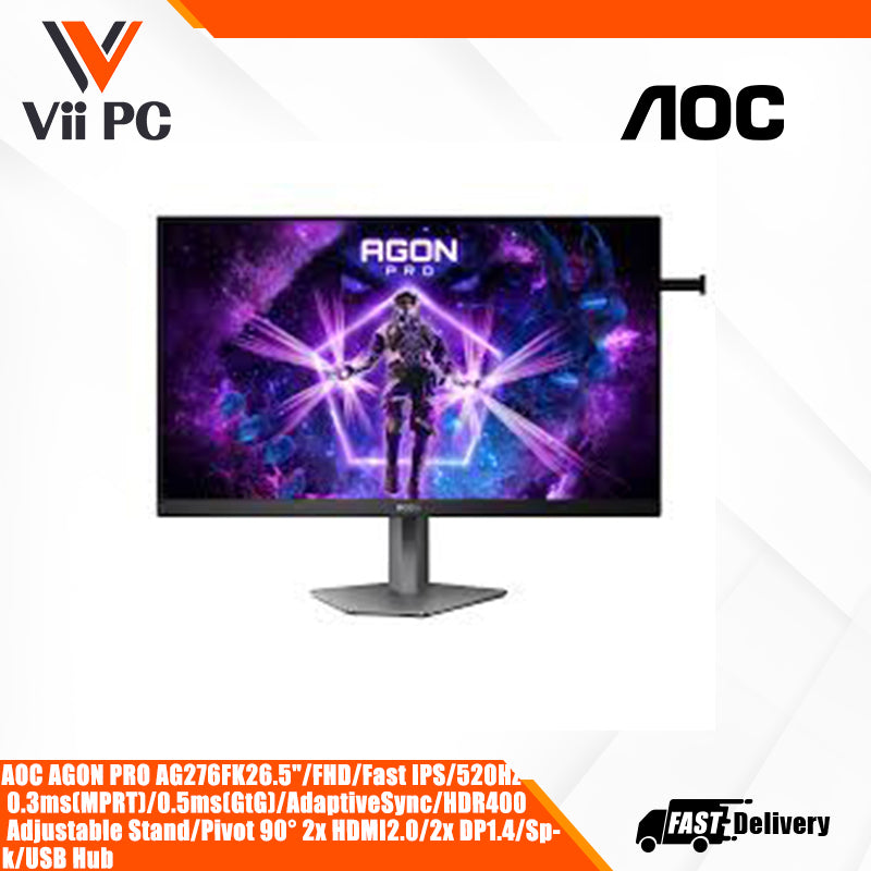 AOC AGON PRO AG276FK * 26.5"/FHD/Fast IPS/520Hz * 0.3ms(MPRT)/0.5ms(GtG)/AdaptiveSync/HDR400 * Adjustable Stand/Pivot 90° * 2x HDMI2.0/2x DP1.4/Spk/USB Hub gaming monitor