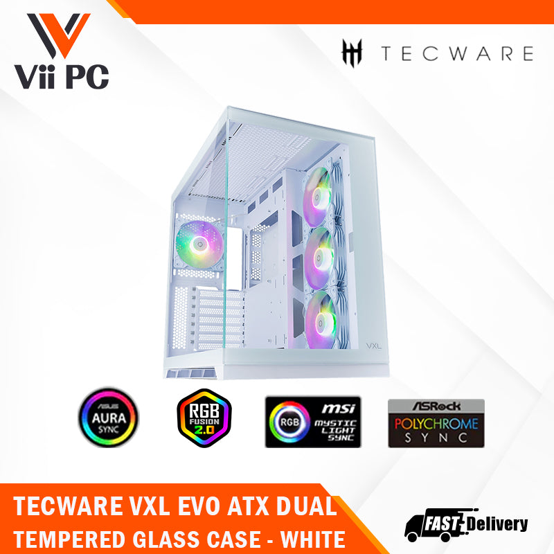 Tecware VXL EVO ATX DUAL TEMPERED GLASS CASE - ARGB , Dual Chamber Layout , Panel Locking Mechanism , Includes 4x RGB Fans , 1 Yrs Wty , BLACK / WHITE