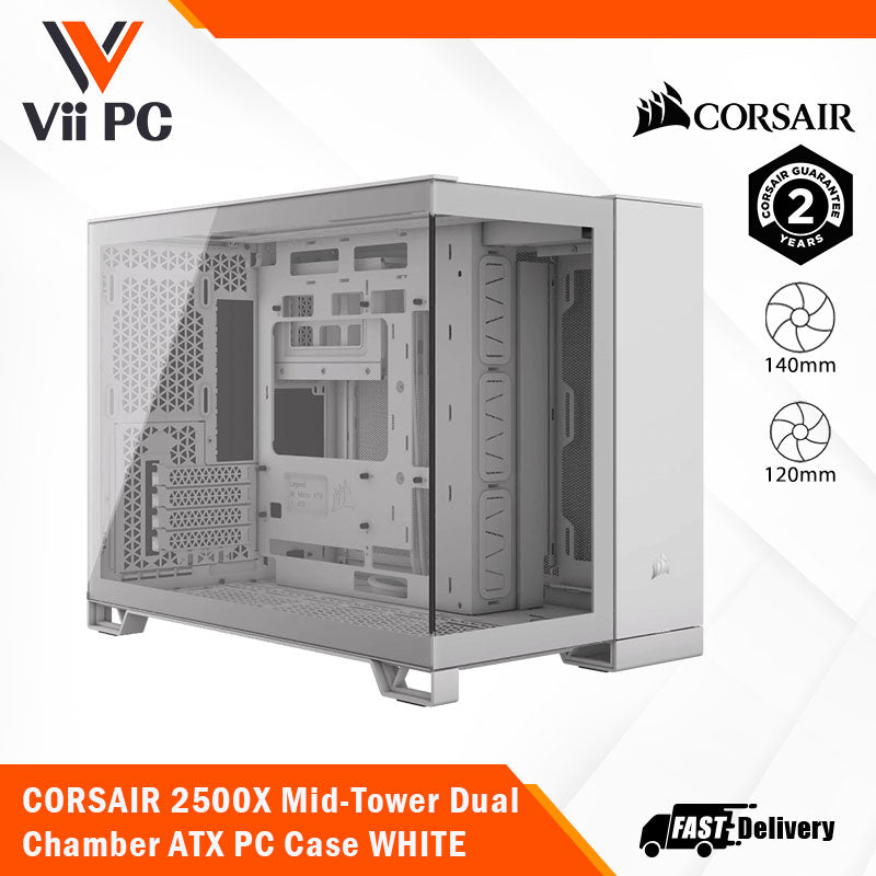 CORSAIR 2500X Mid-Tower Dual Chamber ATX PC Case - BLACK OR WHITE, Tempered Glass, Compatible with reverse connector mATX & mITX motherboards, 2Yrs Wty
