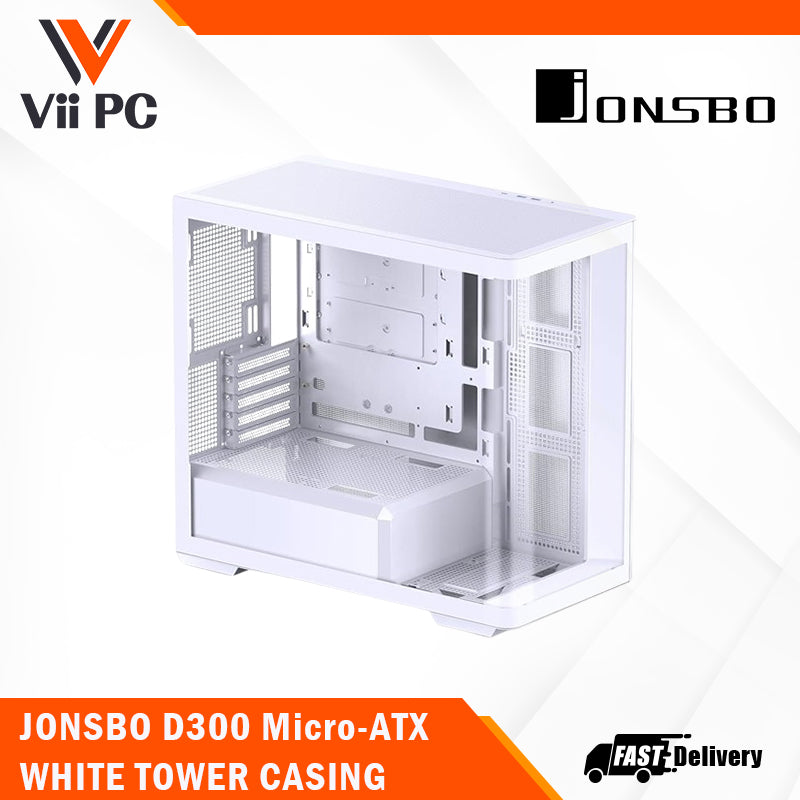 JONSBO D300 Large Micro-ATX BLACK/WHITE TOWER CASING - One-piece Glass Panel AO270 Deg View , MATX Back Plug-in BTF MB, Support 360 AIO, Support 40-series GPU, No Fans Included