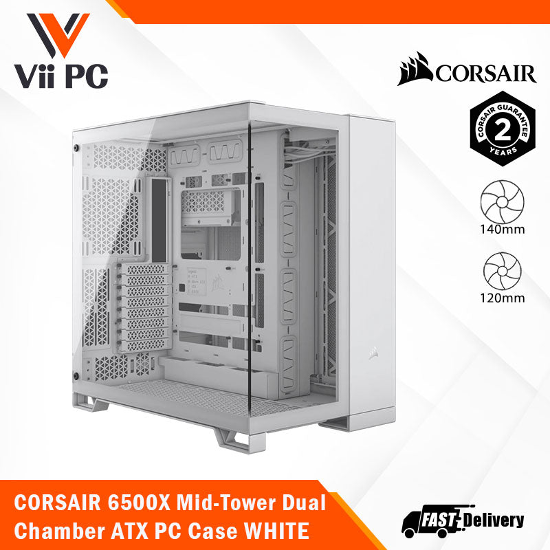 CORSAIR 6500X Mid-Tower Dual Chamber ATX PC Case - BLACK/WHITE, Tempered Glass, 8 horizontal + 3 vertical slots, Compatible with reverse connector motherboards, 2Yrs Wty