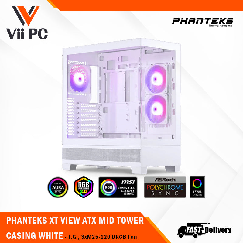 PHANTEKS XT SERIES XT VIEW ATX MID TOWER CASING - Tempered Glass, 3xM25-120 DRGB Fan, BLACK/WHITE