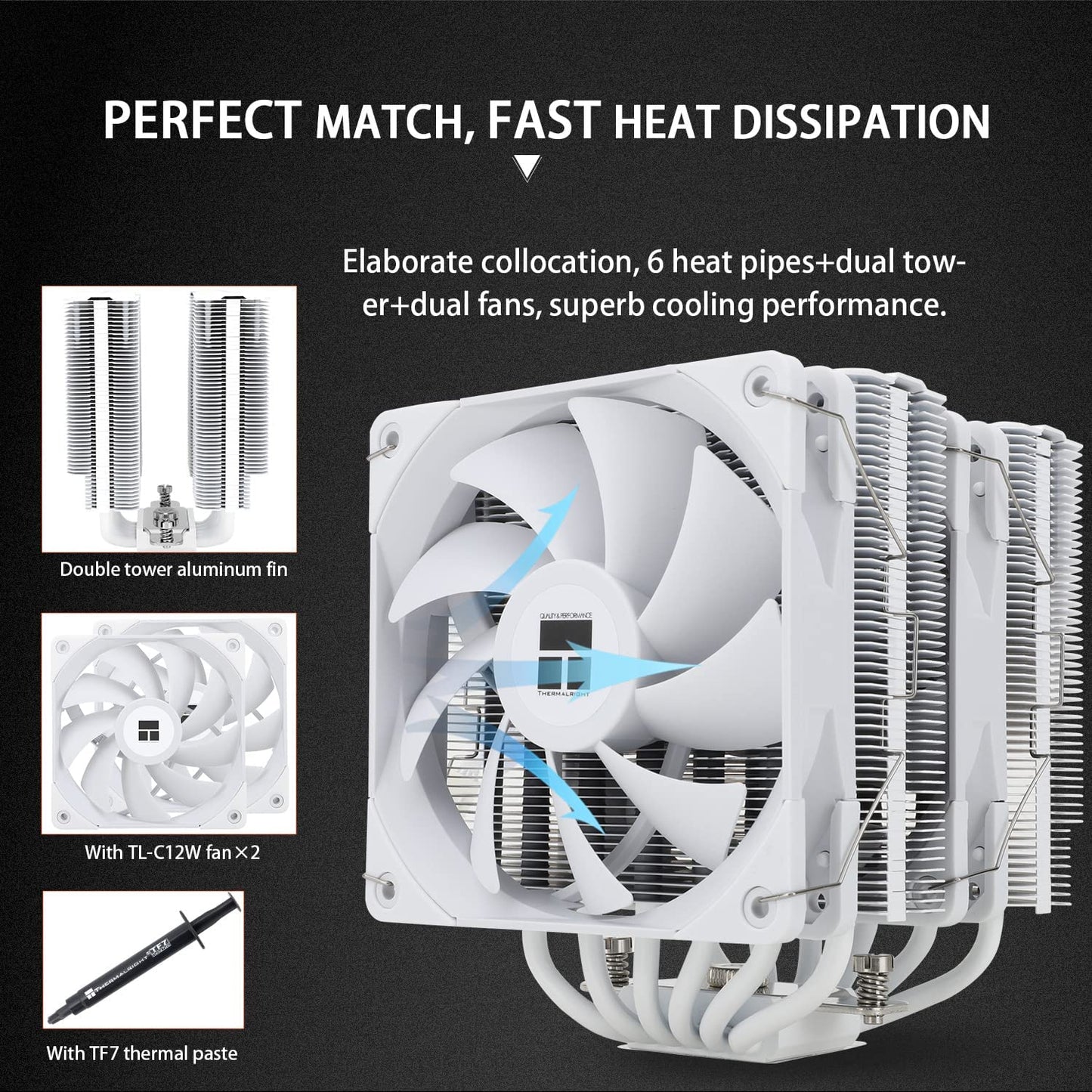 Thermalright Peerless Assassin 120 PA120 CPU Air Cooler, 6 Heat Pipes, Dual 120mm TL-C12 PWM Fan, Aluminium Heatsink Cover, AGHP Technology, for AMD AM4/AM5 Intel LGA 1700/115X/1200/2011/2066 BLACK/WHITE/GREY