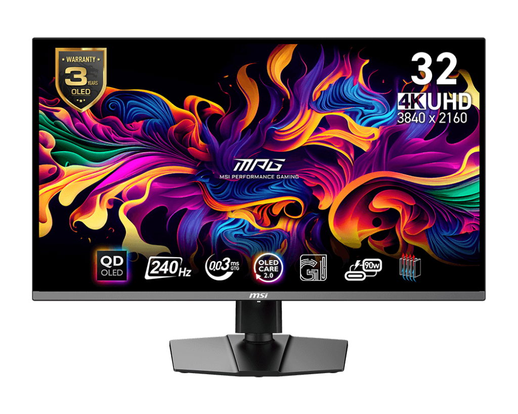 MSI MPG 321URX 32" QD-OLED Gaming Monitor - 16:9 4K UHD, 240Hz, 0.03ms(GTG ), HDR TrueBlack400, ClearMR13000, TypeC (90W ), 2xTypeA / 1xType B, KVM, Adjustable (*Pre-Order 30days)