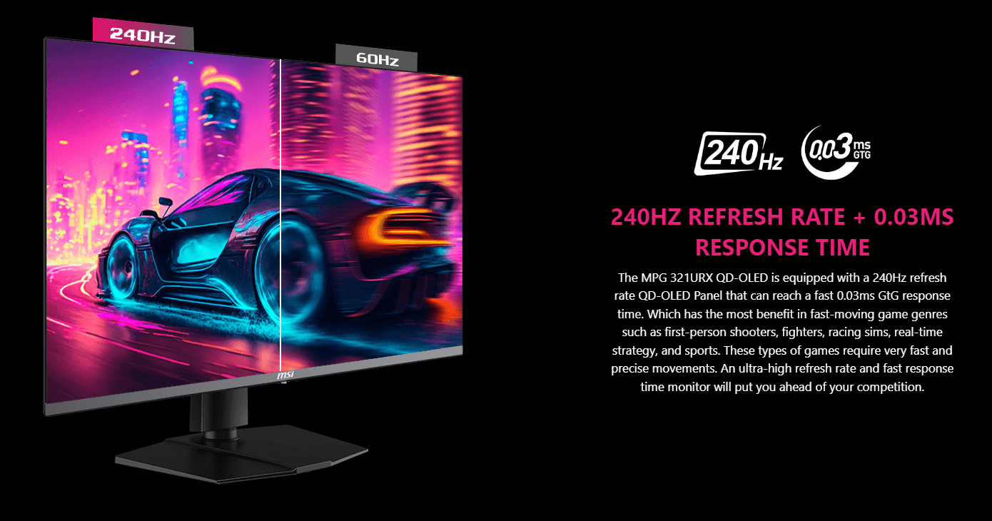 MSI MPG 321URX 32" QD-OLED Gaming Monitor - 16:9 4K UHD, 240Hz, 0.03ms(GTG ), HDR TrueBlack400, ClearMR13000, TypeC (90W ), 2xTypeA / 1xType B, KVM, Adjustable (*Pre-Order 30days)