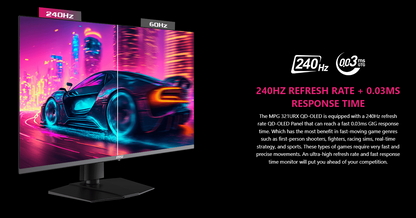 MSI MPG 321URX 32" QD-OLED Gaming Monitor - 16:9 4K UHD, 240Hz, 0.03ms(GTG ), HDR TrueBlack400, ClearMR13000, TypeC (90W ), 2xTypeA / 1xType B, KVM, Adjustable (*Pre-Order 30days)