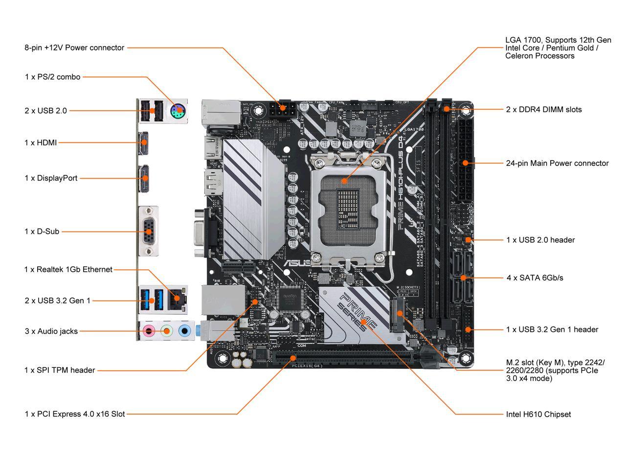 ASUS PRIME H610I-PLUS D4 Free WIFI &Bluetooth LGA 1700 Intel 12th & 13th Gen & Intel vPro mini ITX Motherboard PCIe 4.0, DDR4, USB 3.2 Gen 1 Type-A, M.2 slot, 1 Gb Lan, DP/HDMI/D-Sub