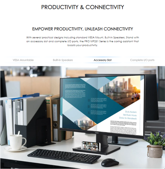 MSI PRO MP251 Business Productivity Monitor - 24.5" FHD, Flatscreen, IPS Panel, 100hz, 1ms(MPRT), Built-in Speaker, EyesErgo Tech
