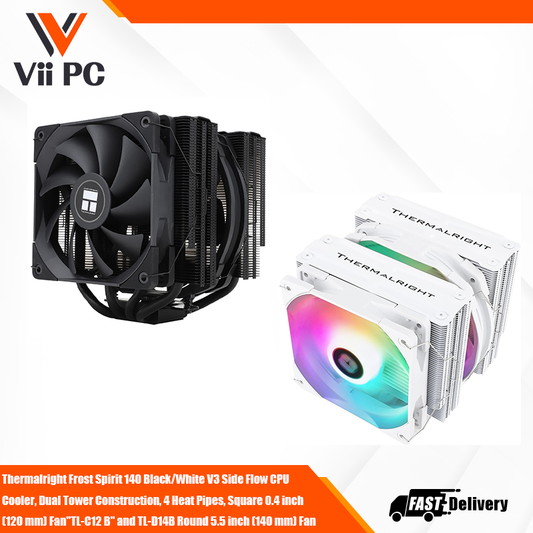 Thermalright Frost Spirit 140 Black/White V3 Side Flow CPU Cooler, Dual Tower Construction, 4 Heat Pipes, Square 0.4 inch (120 mm) Fan"TL-C12 B" and TL-D14B Round 5.5 inch (140 mm) Fan, TF7 Included