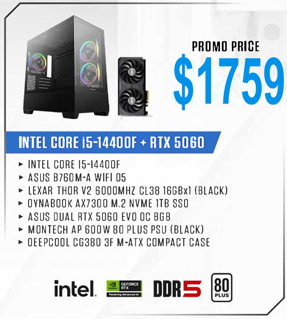 ViiPER Custom Gaming PC - INTEL CORE I5-14400F + ASUS PRIME B760M-A WIFI DDR5 + ASUS DUAL RTX5060 EVO OC 8GB